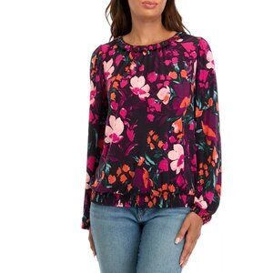 NWT Women's Wonderly Pink + Black Ruffle Neck Banded Bottom Blouse Size Large